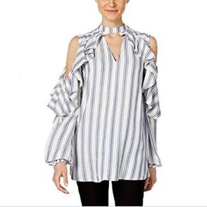 Marled Reunited women sz L white blue tunic shirt top open sleeve cold shoulder